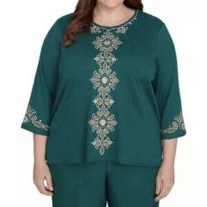 Alfred Dunner Women’s Knit Ribbed Sweater Green Size 2X Embroidered 3/4 Sleeve